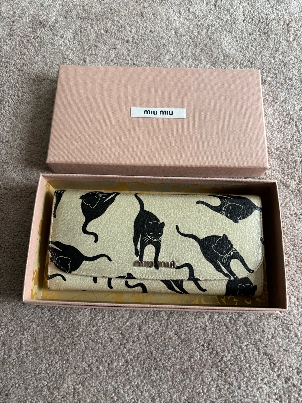 Miu Miu Cream Wallet with Black Cat Print
